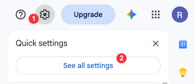 Gmail's quick settings panel open, with the gear icon and the See all settings button highlighted.
