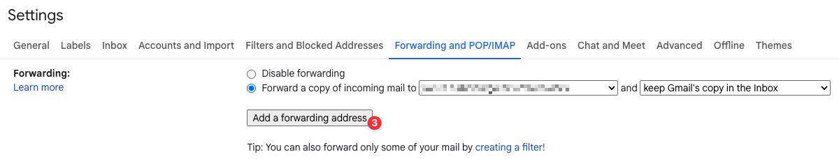 The Forwarding and POP/IMAP tab in Gmail settings, with the Add a forwarding address button highlighted.