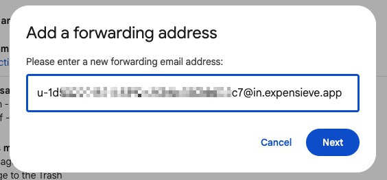 Gmail's Add a forwarding address dialog with an Expensieve inbound address entered.
