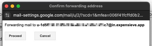 Gmail's Confirm forwarding address window showing the Proceed and Cancel buttons.