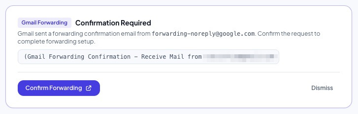 The Gmail Forwarding notice on the Expensieve Settings page, with a Confirm Forwarding button.