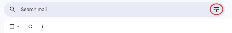 Gmail's search bar with the Show search options icon highlighted at its right end.