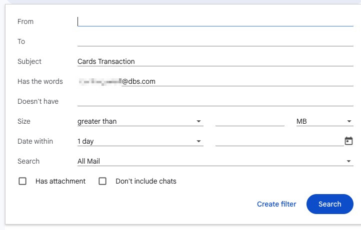 Gmail's search options panel with a subject line and a bank sender address filled in.