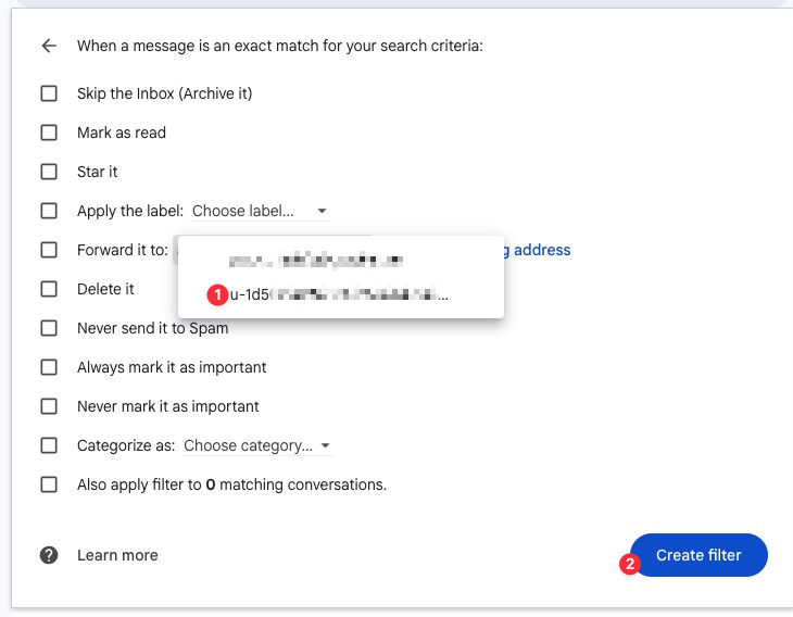 Gmail's filter actions with Forward it to selected and the Expensieve address chosen.